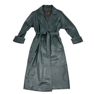 LNR Genuine Leather Trench Coat Belted Long Dark Green Vintage 90s Minimal